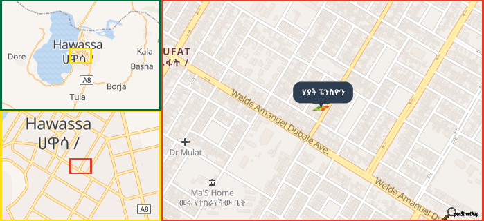Map showing the address of ሃያት ፔንስዮን in three different zoom levels.