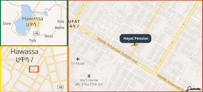 Map showing the address of Hayat Pension in three different zoom levels.
