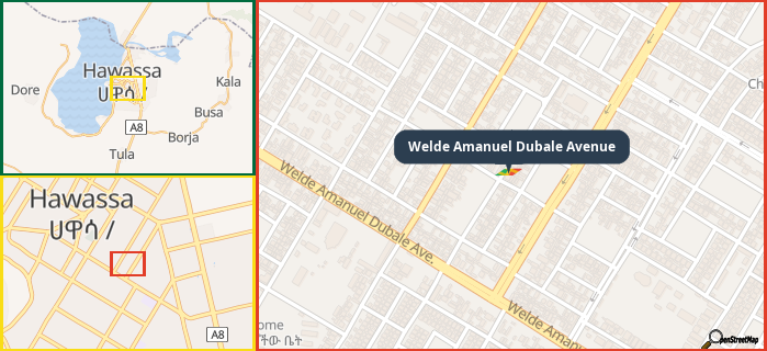 Map showing the address of Welde Amanuel Dubale Avenue in three different zoom levels.