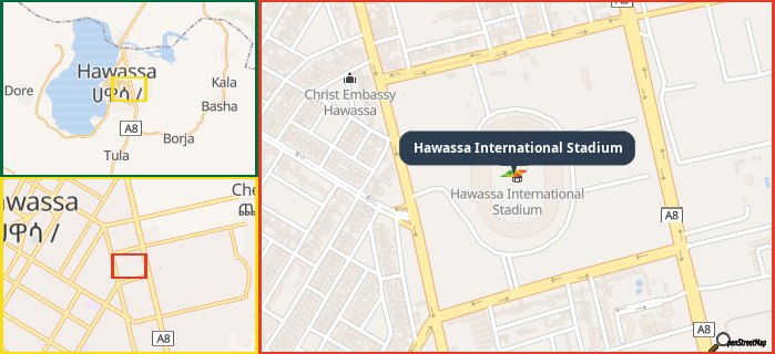 Map showing the address of Hawassa International Stadium in three different zoom levels.