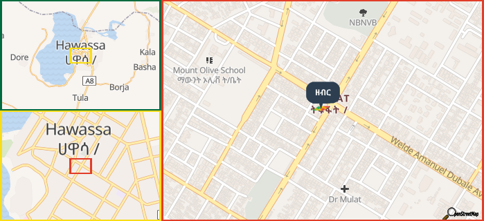 Map showing the address of ዘብር in three different zoom levels.