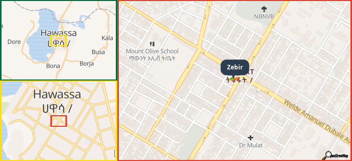 Map showing the address of Zebir in three different zoom levels.