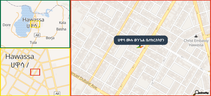 Map showing the address of ሀዋሳ ሙሉ ወንጌል ቤተክርስትያን in three different zoom levels.