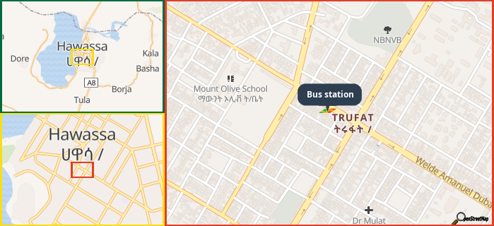 Map showing the address of Bus station in three different zoom levels.