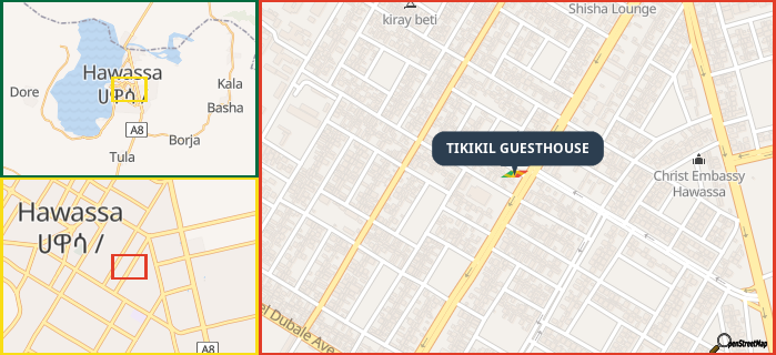 Map showing the address of TIKIKIL GUESTHOUSE in three different zoom levels.
