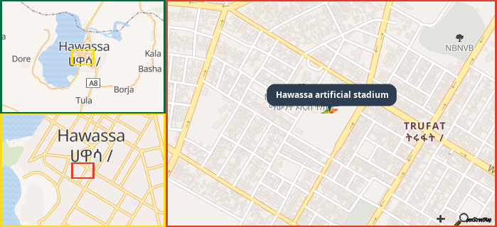 Map showing the address of Hawassa artificial stadium in three different zoom levels.