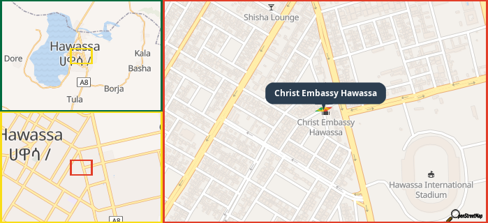 Map showing the address of Christ Embassy Hawassa in three different zoom levels.
