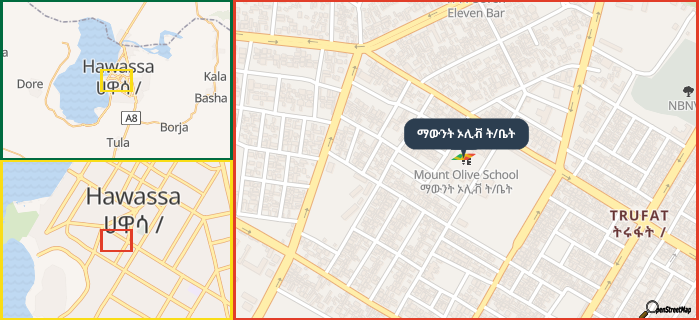 Map showing the address of ማውንት ኦሊቭ ት/ቤት in three different zoom levels.