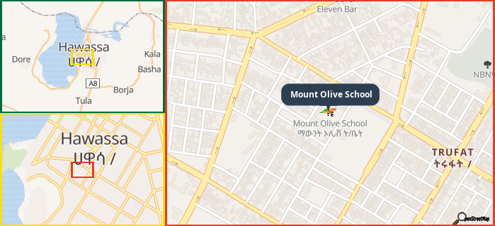 Map showing the address of Mount Olive School in three different zoom levels.