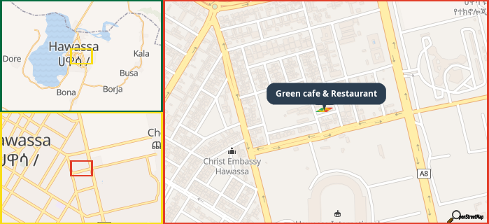 Map showing the address of Green cafe & Restaurant in three different zoom levels.