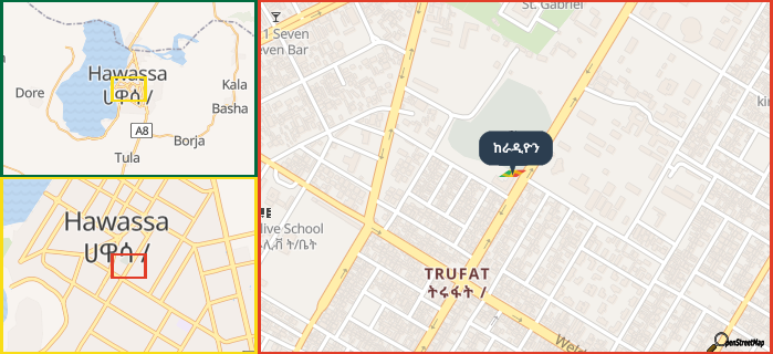 Map showing the address of ከራዲዮን in three different zoom levels.