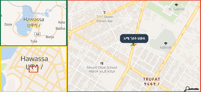 Map showing the address of አሜ ገስት ሀውስ in three different zoom levels.