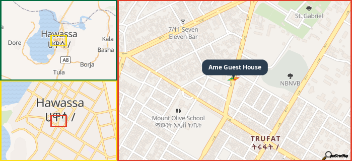 Map showing the address of Ame Guest House in three different zoom levels.