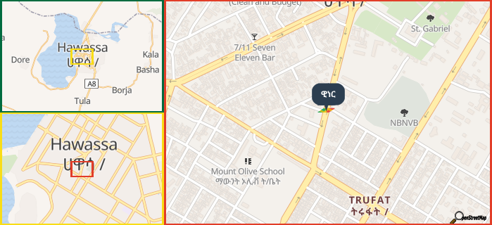 Map showing the address of ዊነር in three different zoom levels.