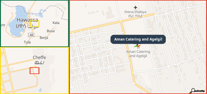Map showing the address of Aman Catering and Agelgil in three different zoom levels.