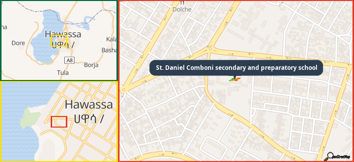 Map showing the address of St. Daniel Comboni secondary and preparatory school in three different zoom levels.