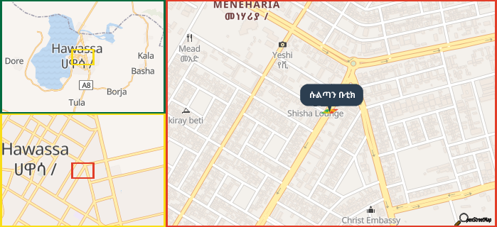 Map showing the address of ሱልጣን ቡቲክ in three different zoom levels.