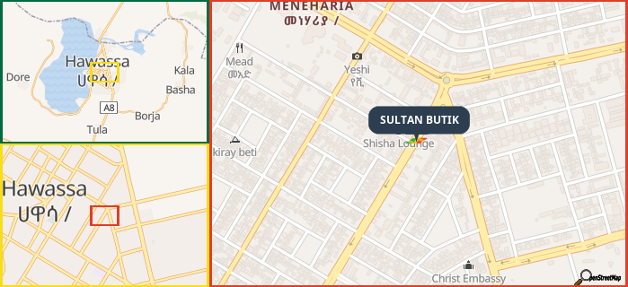 Map showing the address of SULTAN BUTIK in three different zoom levels.