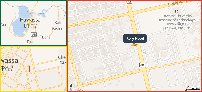 Map showing the address of Rory Hotel in three different zoom levels.