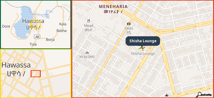 Map showing the address of Shisha Lounge in three different zoom levels.