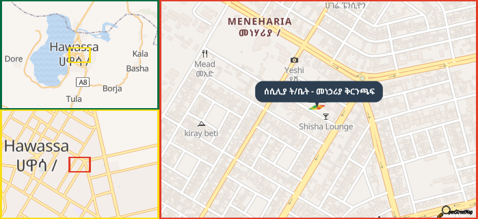 Map showing the address of ሰሲሊያ ት/ቤት - መነኃሪያ ቅርንጫፍ in three different zoom levels.