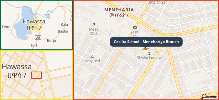 Map showing the address of Cecilia School - Menehariya Branch in three different zoom levels.