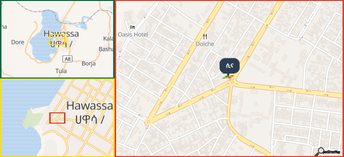 Map showing the address of ሲና in three different zoom levels.