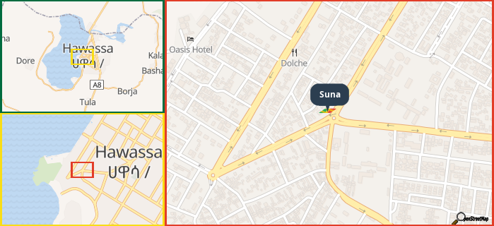 Map showing the address of Suna in three different zoom levels.