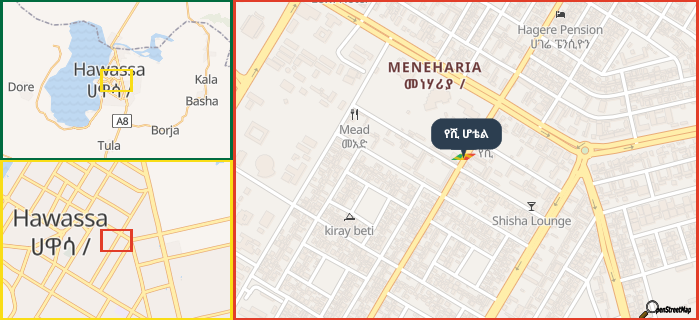 Map showing the address of የሺ ሆቴል in three different zoom levels.