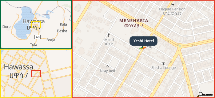 Map showing the address of Yeshi Hotel in three different zoom levels.