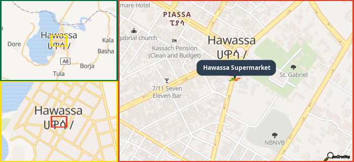 Map showing the address of Hawassa Supermarket in three different zoom levels.