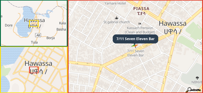 Map showing the address of 7/11 Seven Eleven Bar in three different zoom levels.