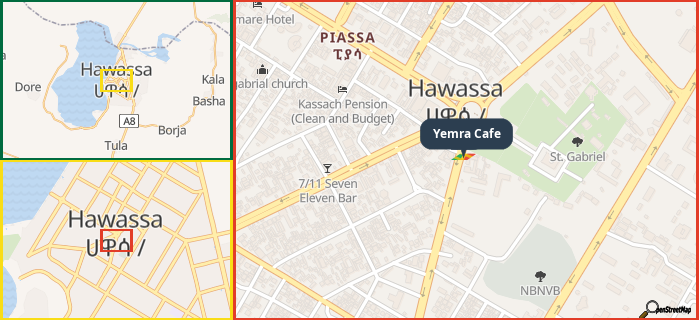Map showing the address of Yemra Cafe in three different zoom levels.