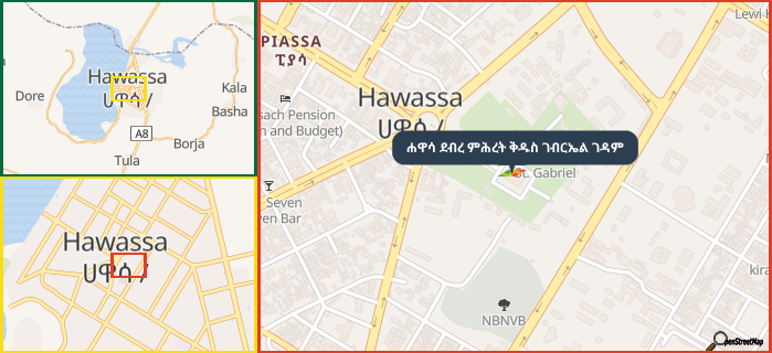 Map showing the address of ሐዋሳ ደብረ ምሕረት ቅዱስ ገብርኤል ገዳም in three different zoom levels.
