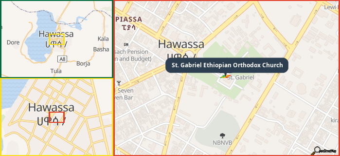 Map showing the address of St. Gabriel Ethiopian Orthodox Church in three different zoom levels.