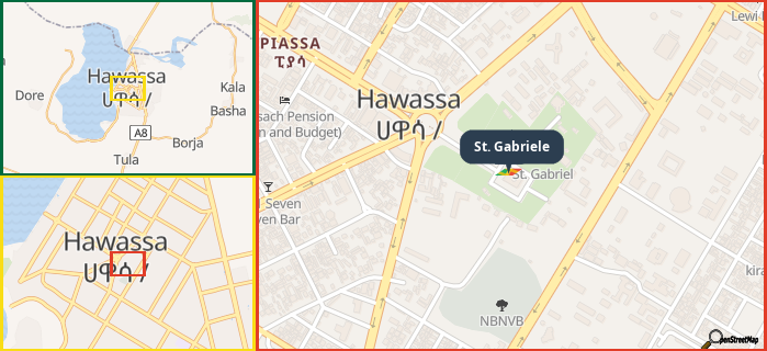 Map showing the address of St. Gabriele in three different zoom levels.
