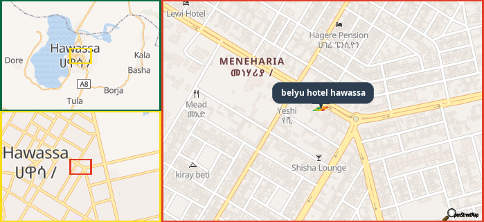 Map showing the address of belyu hotel hawassa in three different zoom levels.