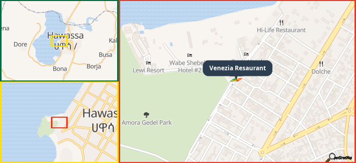 Map showing the address of Venezia Resaurant in three different zoom levels.