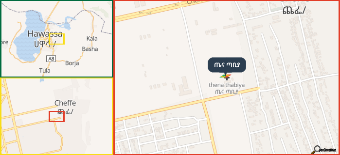Map showing the address of ጤና ጣቢያ in three different zoom levels.