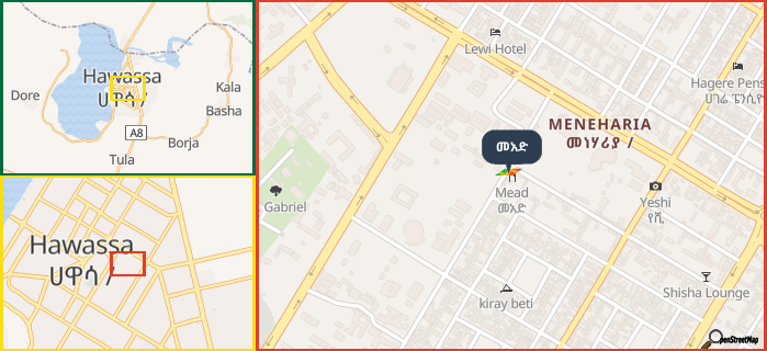 Map showing the address of መአድ in three different zoom levels.