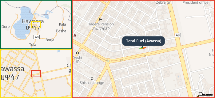 Map showing the address of Total Fuel (Awassa) in three different zoom levels.