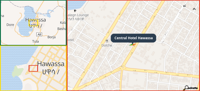 Map showing the address of Central Hotel Hawassa in three different zoom levels.