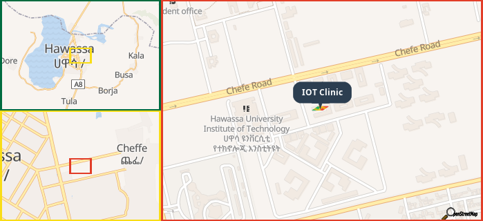 Map showing the address of IOT Clinic in three different zoom levels.