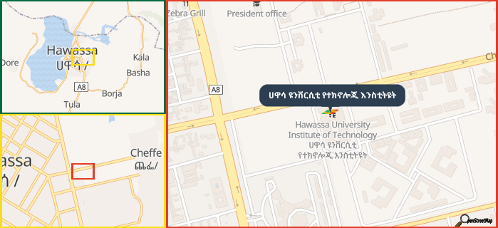 Map showing the address of ሀዋሳ ዩንቨርሲቲ የተክኖሎጂ እንስቲትዩት in three different zoom levels.
