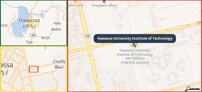 Map showing the address of Hawassa University Institute of Technology in three different zoom levels.