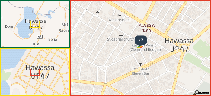 Map showing the address of ዋቫ in three different zoom levels.