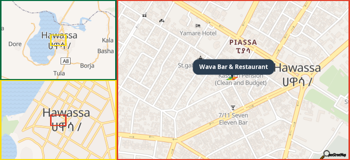 Map showing the address of Wava Bar & Restaurant in three different zoom levels.