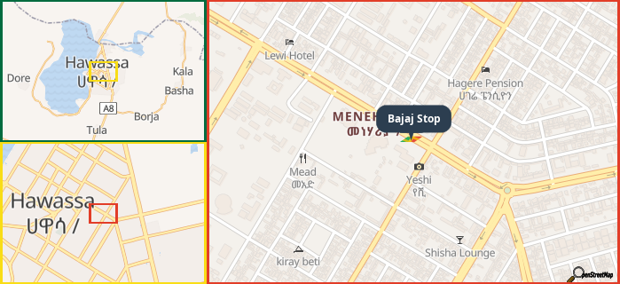 Map showing the address of Bajaj Stop in three different zoom levels.
