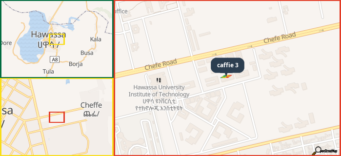 Map showing the address of caffie 3 in three different zoom levels.