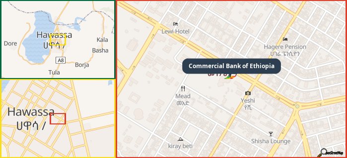 Map showing the address of Commercial Bank of Ethiopia in three different zoom levels.